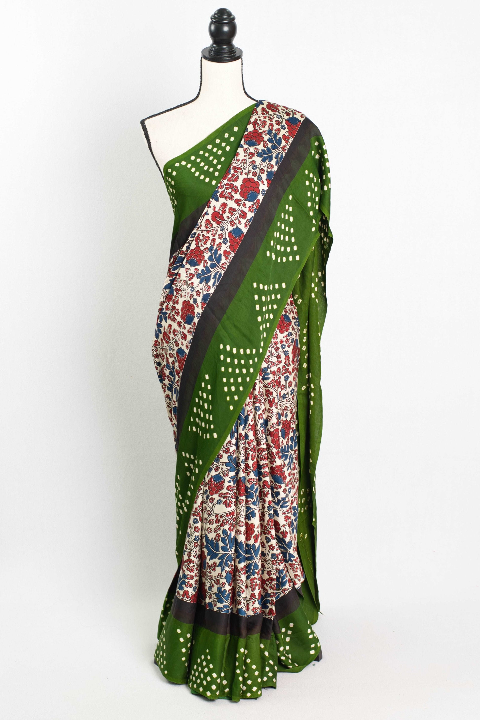 Kalamkari Ajrakh Saree with Green Bandhani Border in Off White