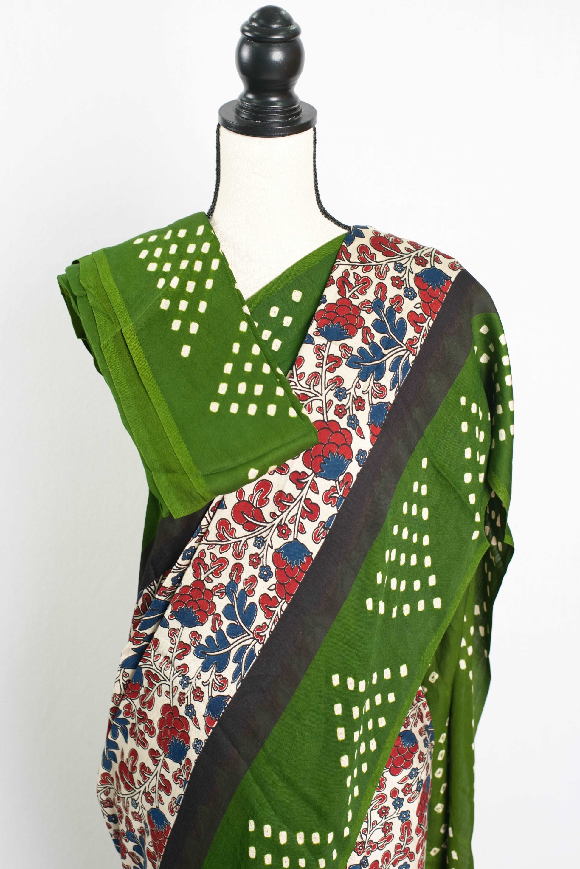 Kalamkari Ajrakh Saree with Green Bandhani Border in Off White