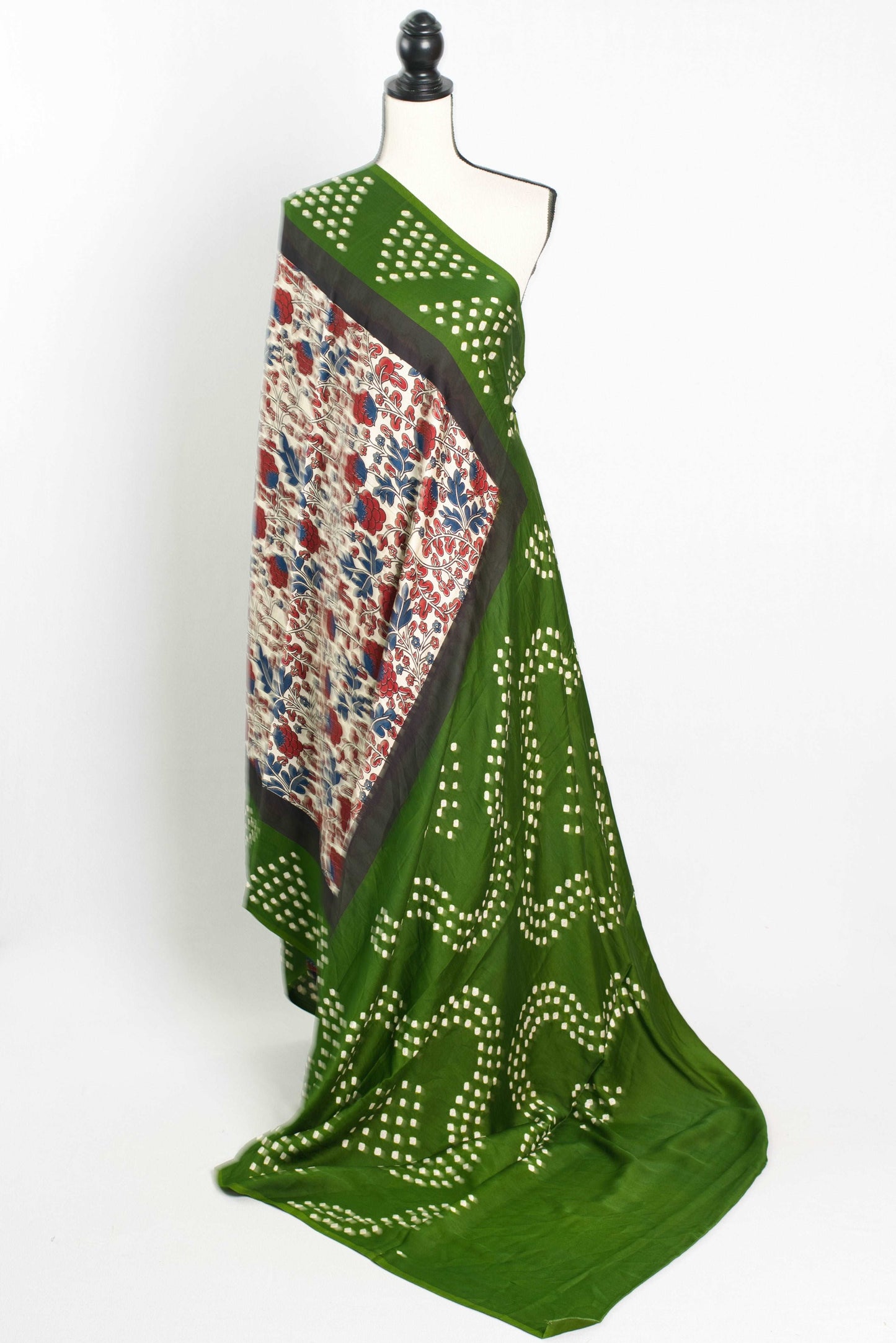 Kalamkari Ajrakh Saree with Green Bandhani Border in Off White