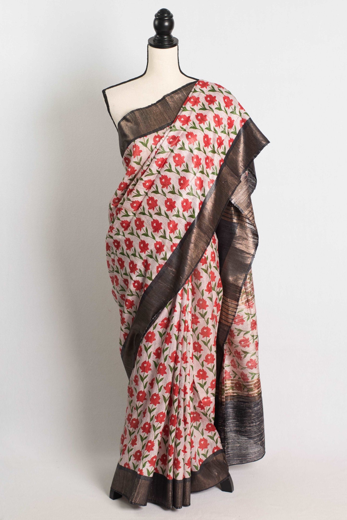 Gicha Tussar Block Printed Saree in Off White, Red and Black.