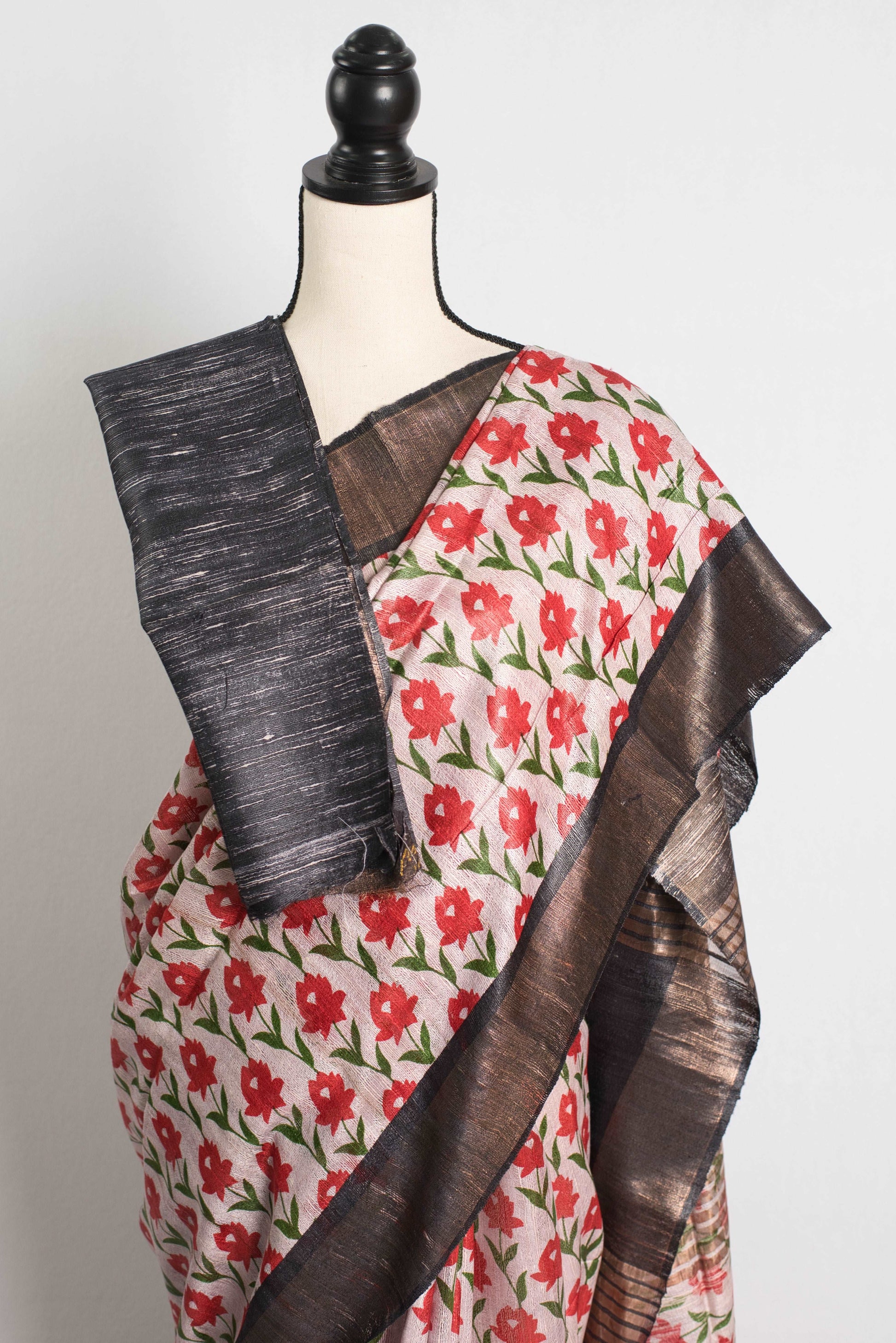 Gicha Tussar Block Printed Saree in Off White, Red and Black.