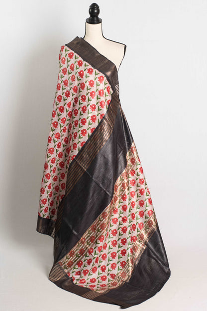 Gicha Tussar Block Printed Saree in Off White, Red and Black.