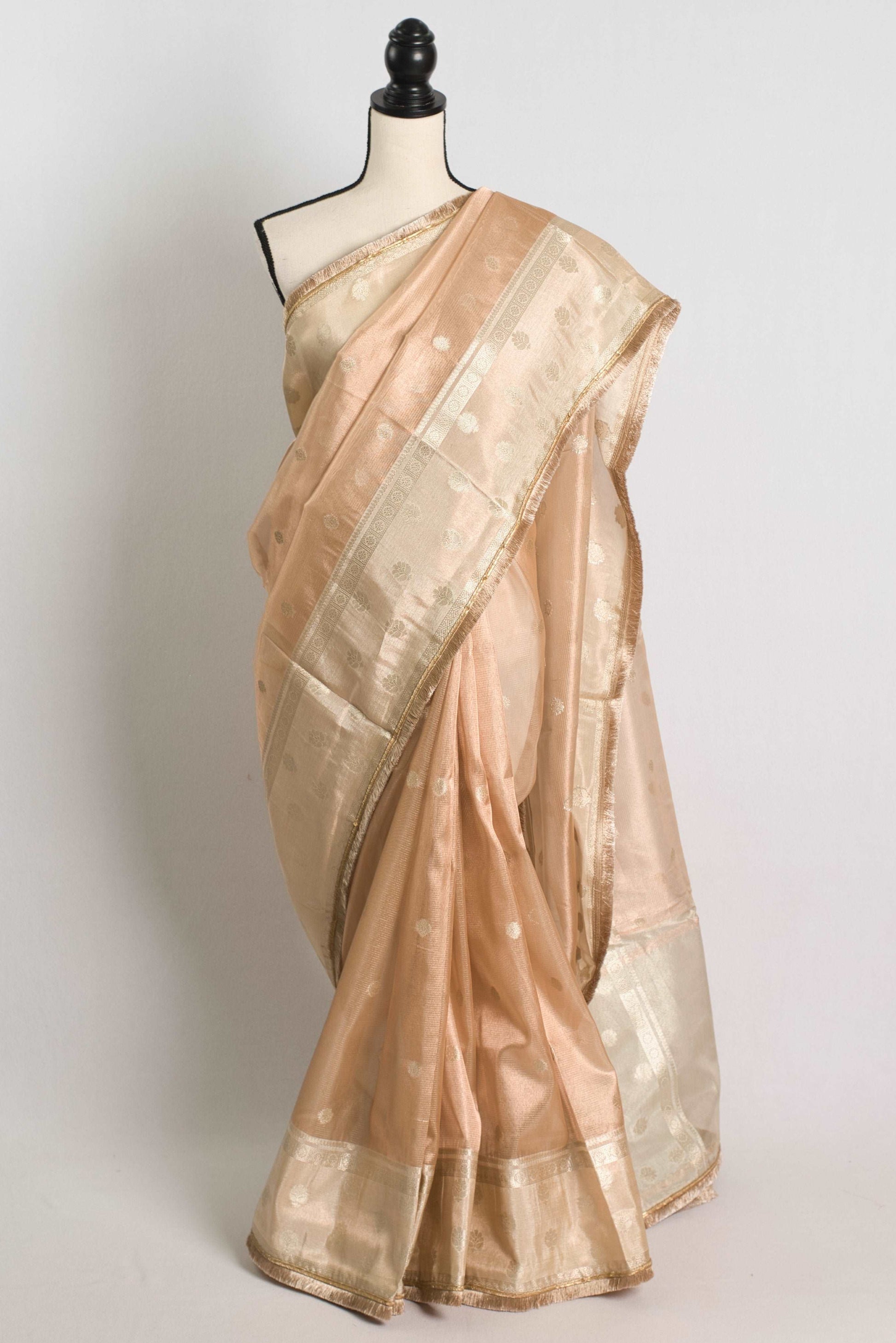 Semi Tissue Banarasi Party Wear Saree in Light Brown and Cream.