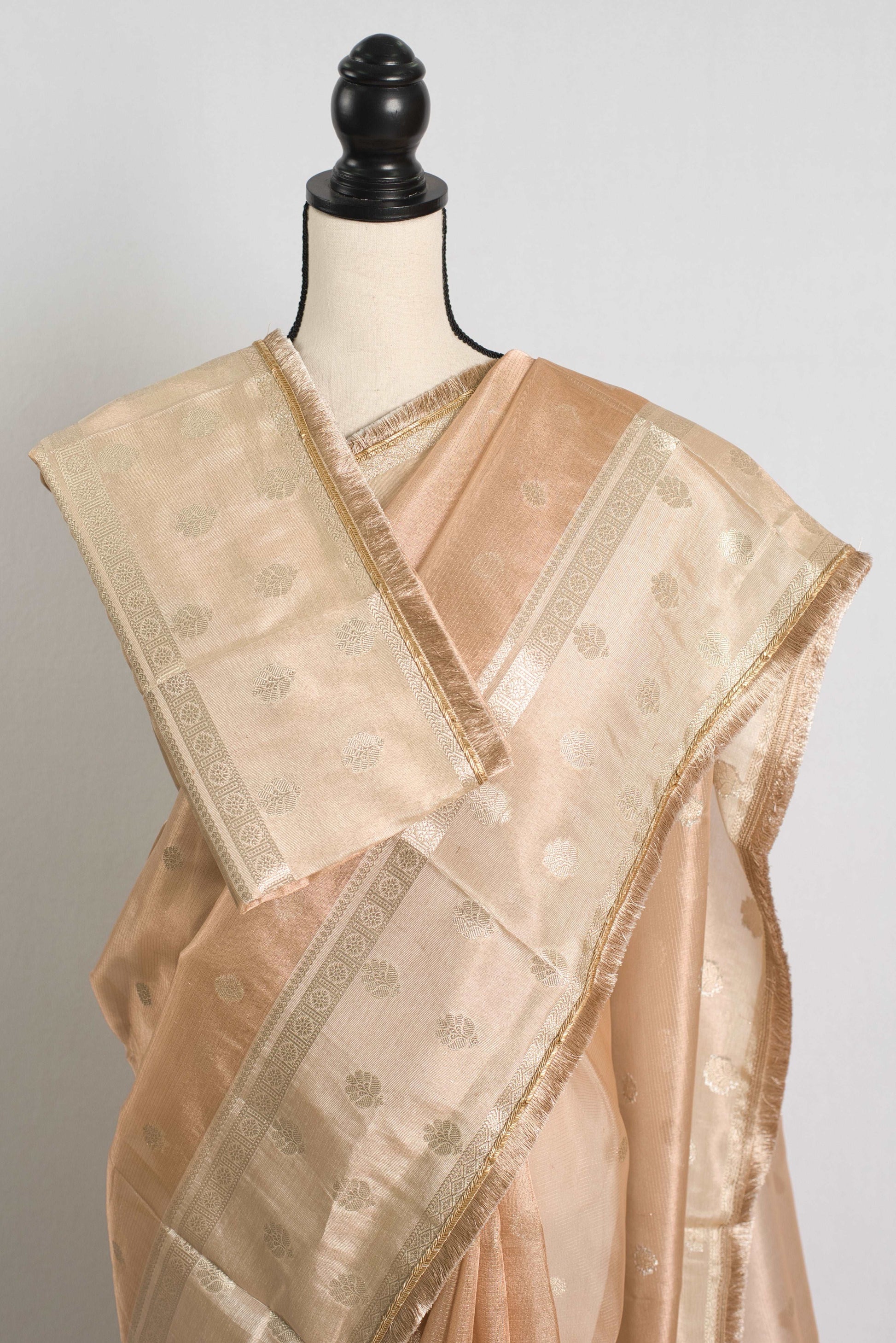 Semi Tissue Banarasi Party Wear Saree in Light Brown and Cream.