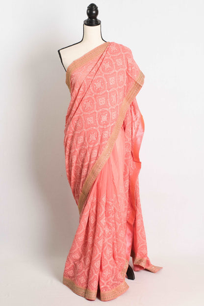 Partywear Georgette Chikankari Saree in Peach.