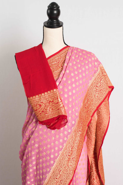 Khaddi Georgette Banarasi Saree in Pink and Red