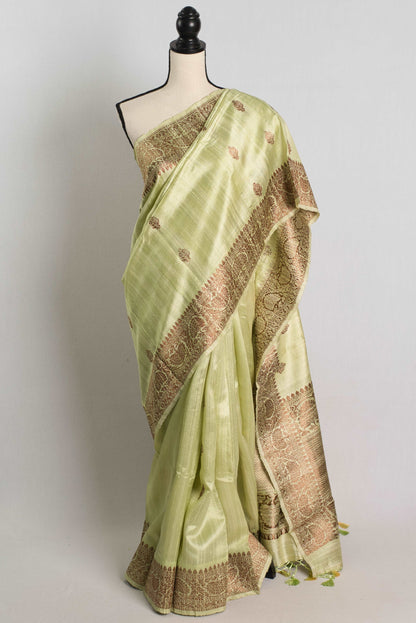 Light Green Pure Raw Silk Tussar Banarasi Saree