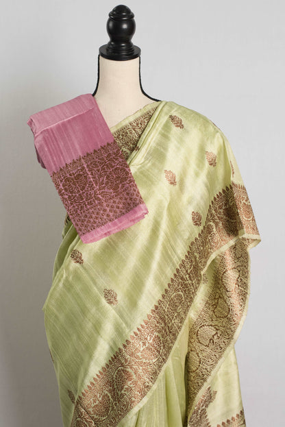 Light Green Pure Raw Silk Tussar Banarasi Saree