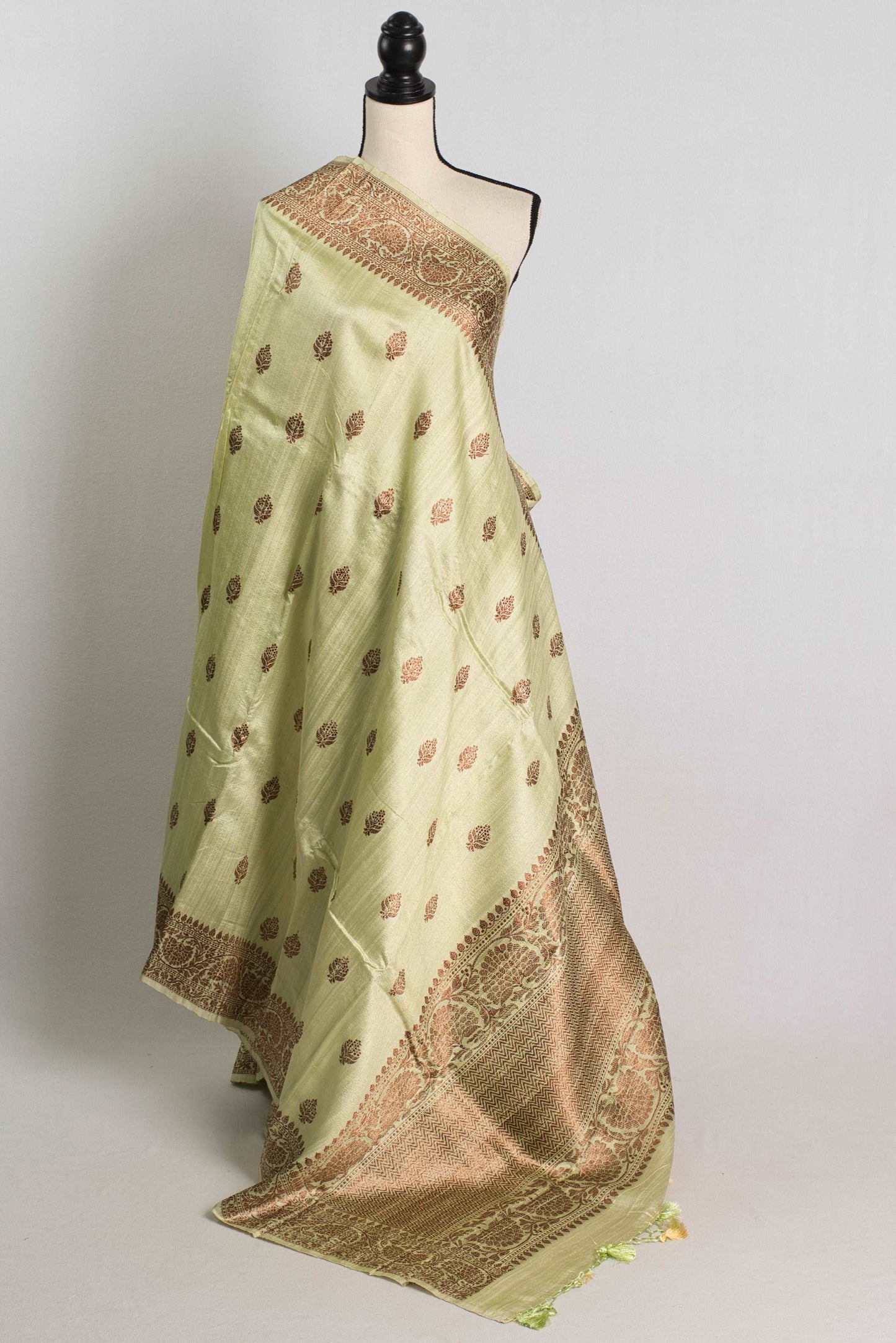 Light Green Pure Raw Silk Tussar Banarasi Saree