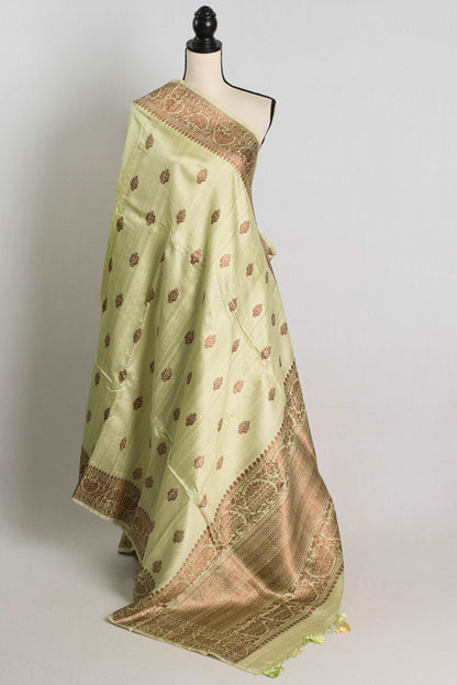 Light Green Pure Raw Silk Tussar Banarasi Saree