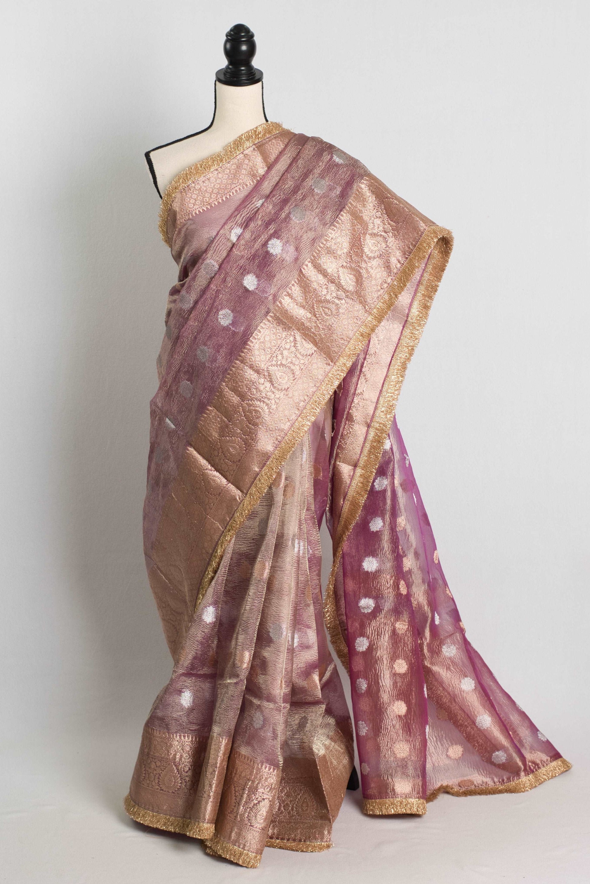 Crush Tissue Designer Partywear Saree in Mauve and Gold.