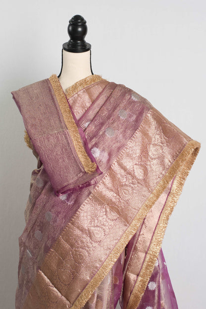 Crush Tissue Designer Partywear Saree in Mauve and Gold.