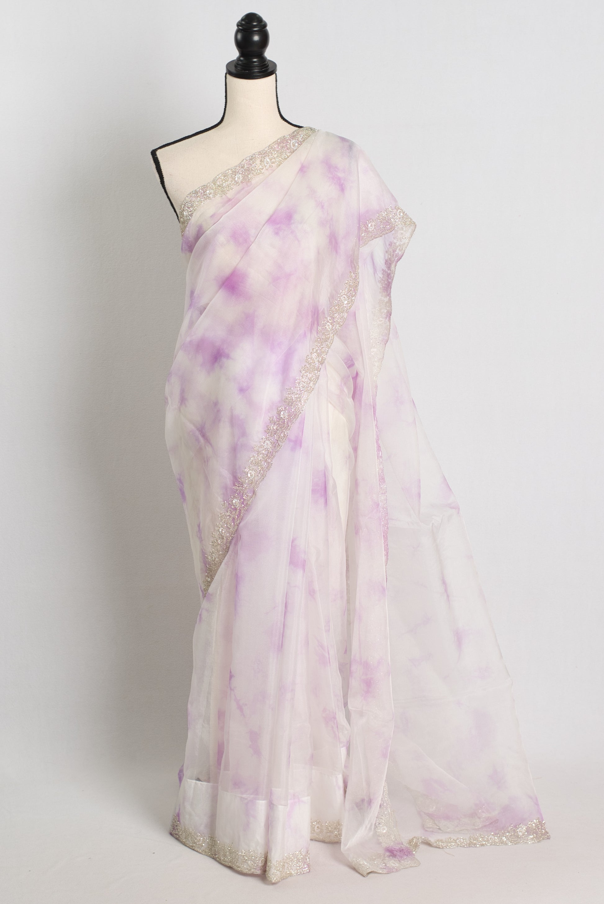 Silver Cut-Dana Embroidery on Soft Organza Shibori Cocktail Saree.