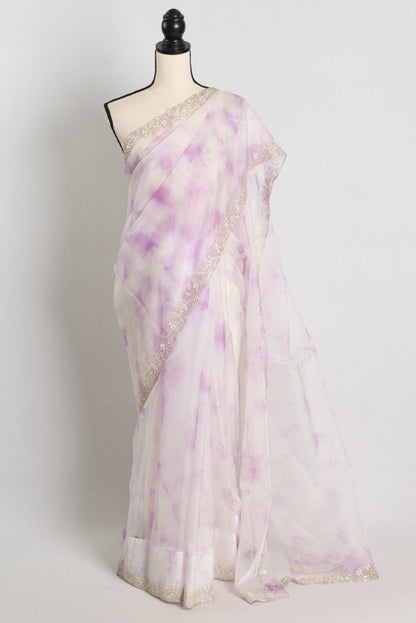 Silver Cut-Dana Embroidery on Soft Organza Shibori Cocktail Saree.