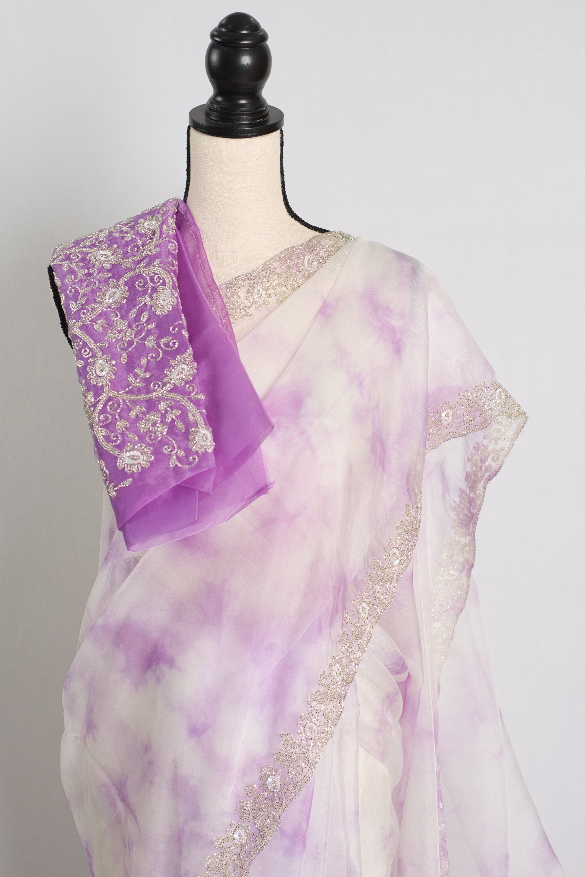 Silver Cut-Dana Embroidery on Soft Organza Shibori Cocktail Saree.