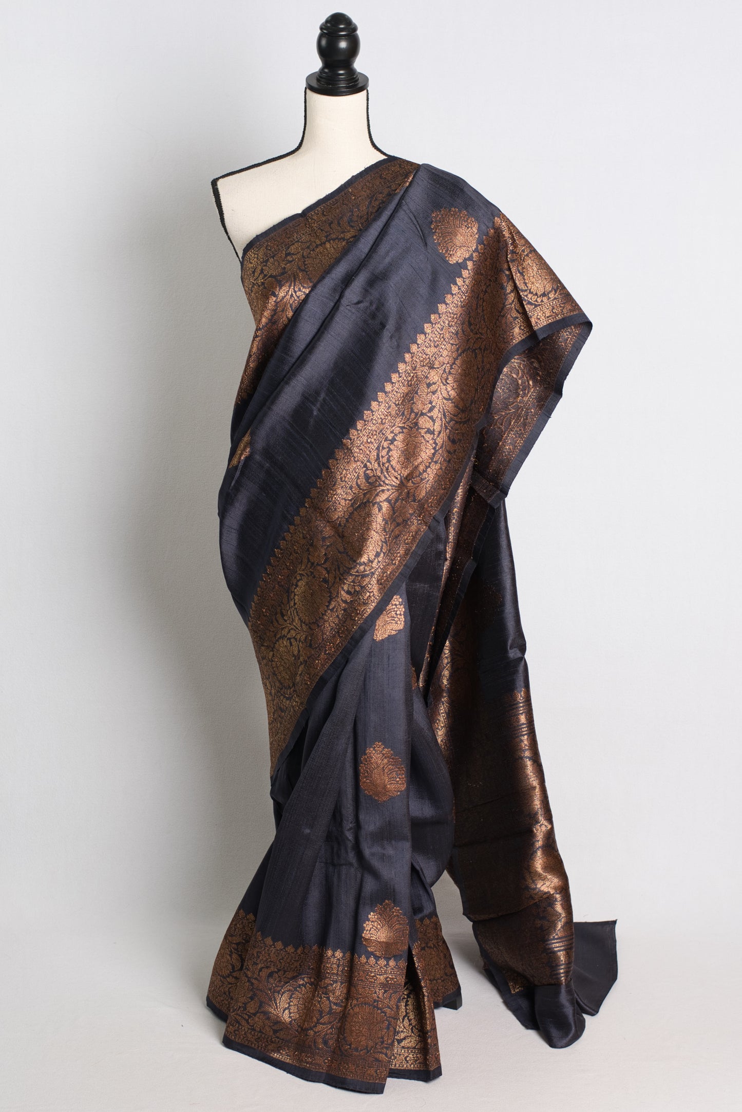 Silk Mark Certified Tussar Banarasi Saree in Charcoal Gray