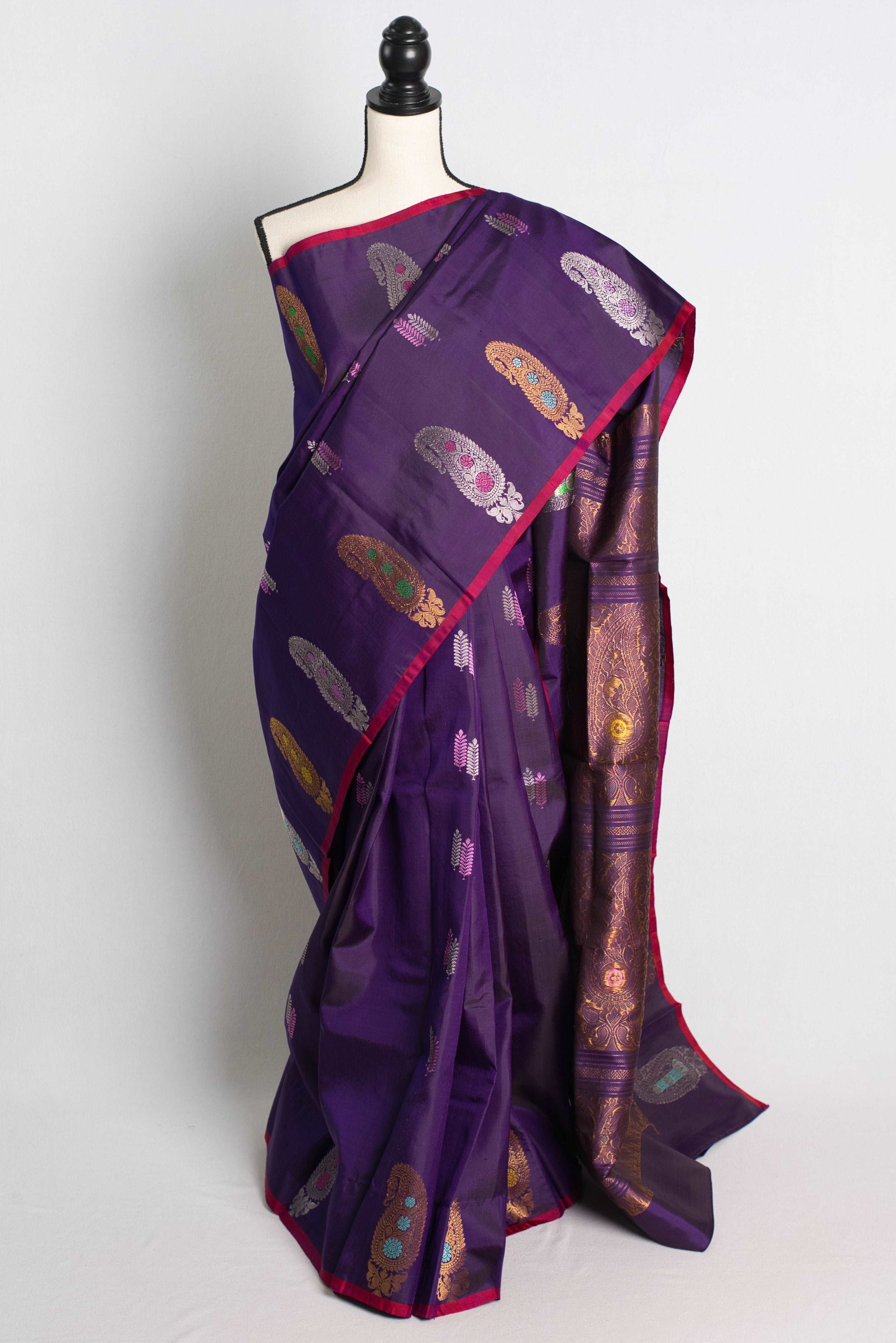 Paisley Border Silk Mark Certified Purple Gadwal Silk Saree.