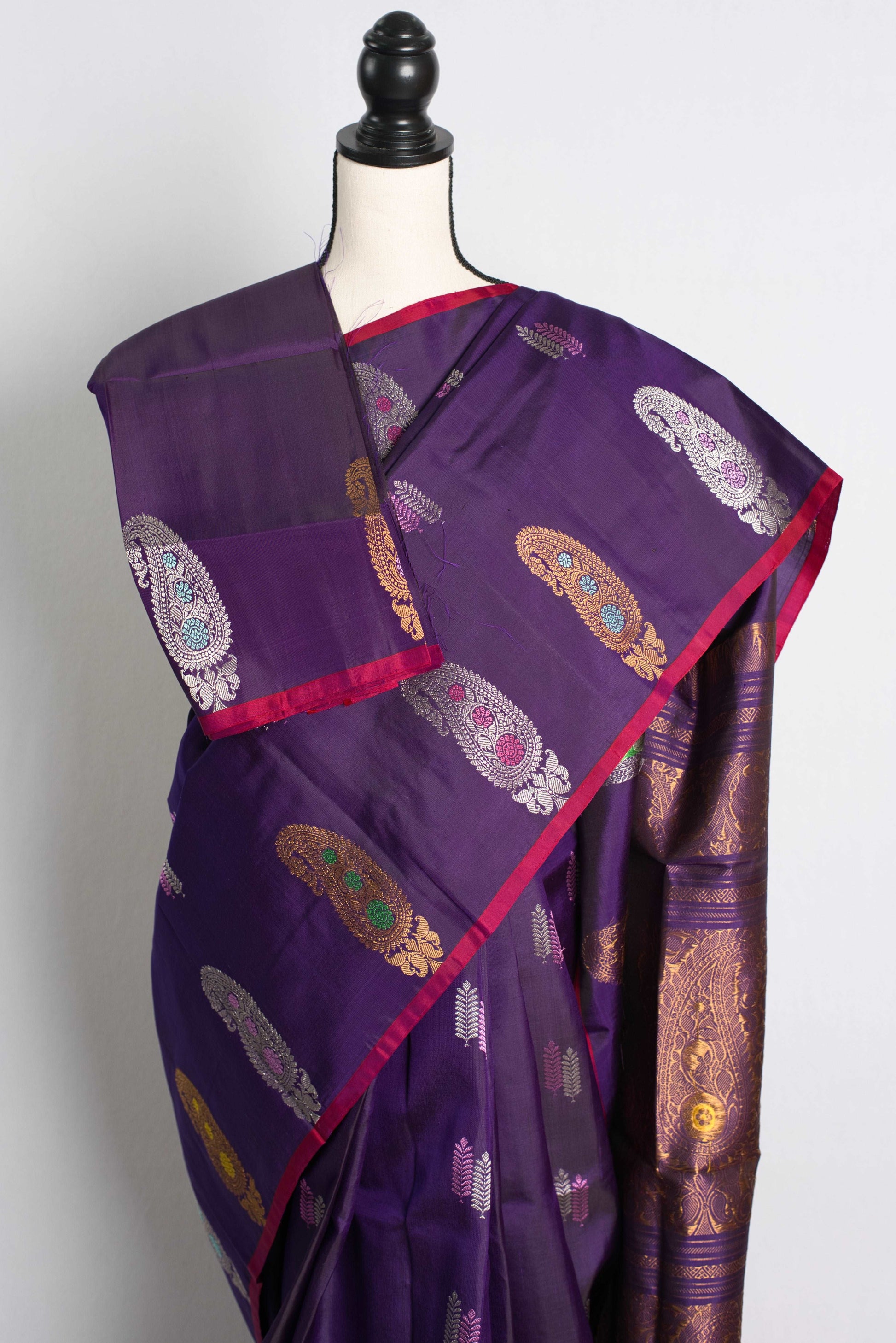 Paisley Border Silk Mark Certified Purple Gadwal Silk Saree.