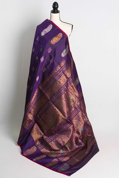 Paisley Border Silk Mark Certified Purple Gadwal Silk Saree.