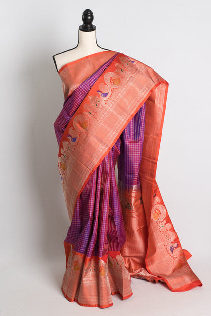 Silk Mark Certified Purple Checks Kanji Gadwal Silk Saree