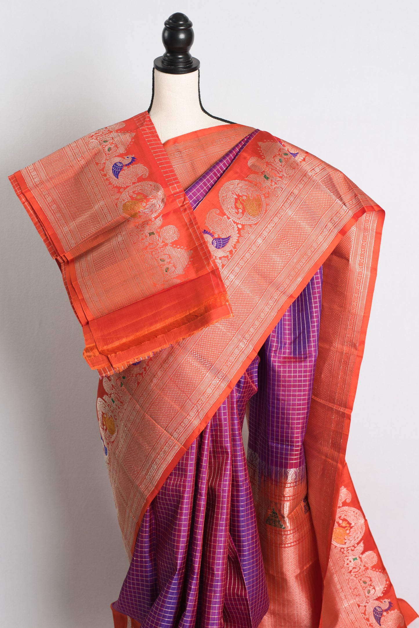 Silk Mark Certified Purple Checks Kanji Gadwal Silk Saree