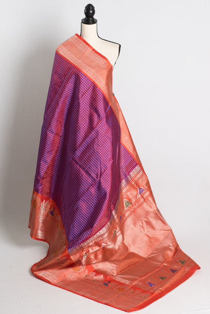 Silk Mark Certified Purple Checks Kanji Gadwal Silk Saree