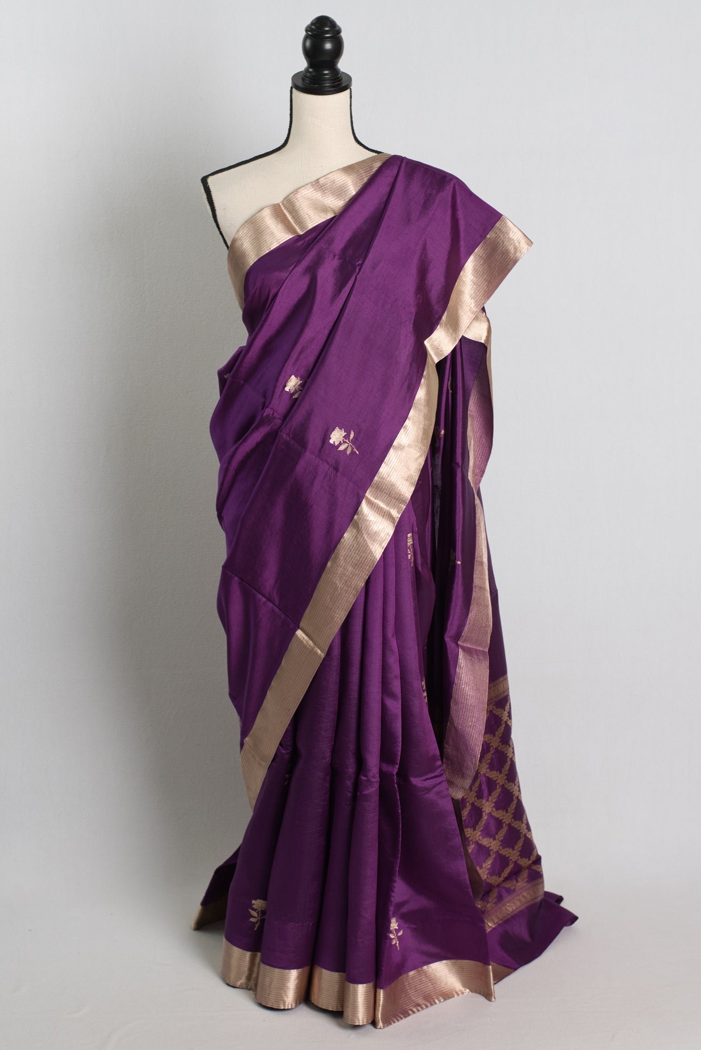 Silk Mark Certified Purple Satin Katan Rose Banarasi Saree