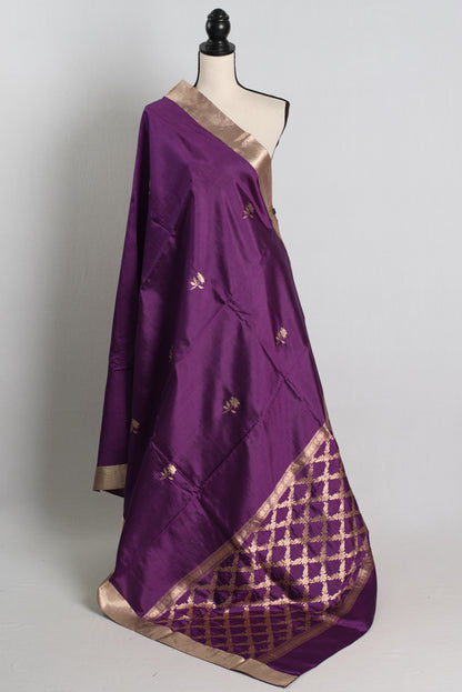 Silk Mark Certified Purple Satin Katan Rose Banarasi Saree