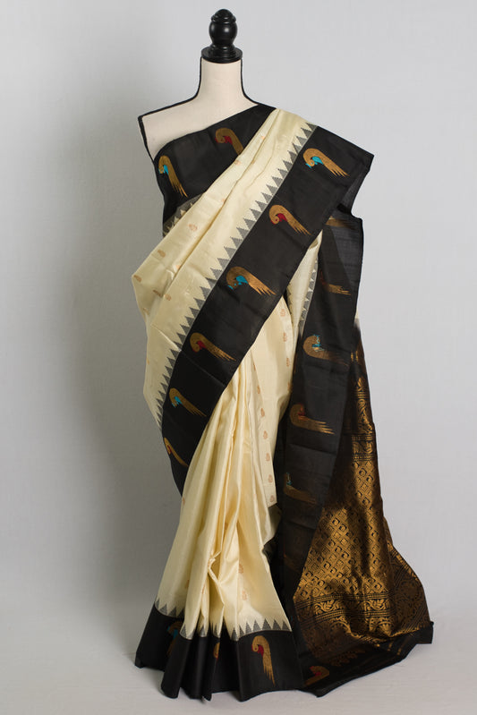 Silk Mark Certified Cream and Black Paithani Gadwal Silk Saree