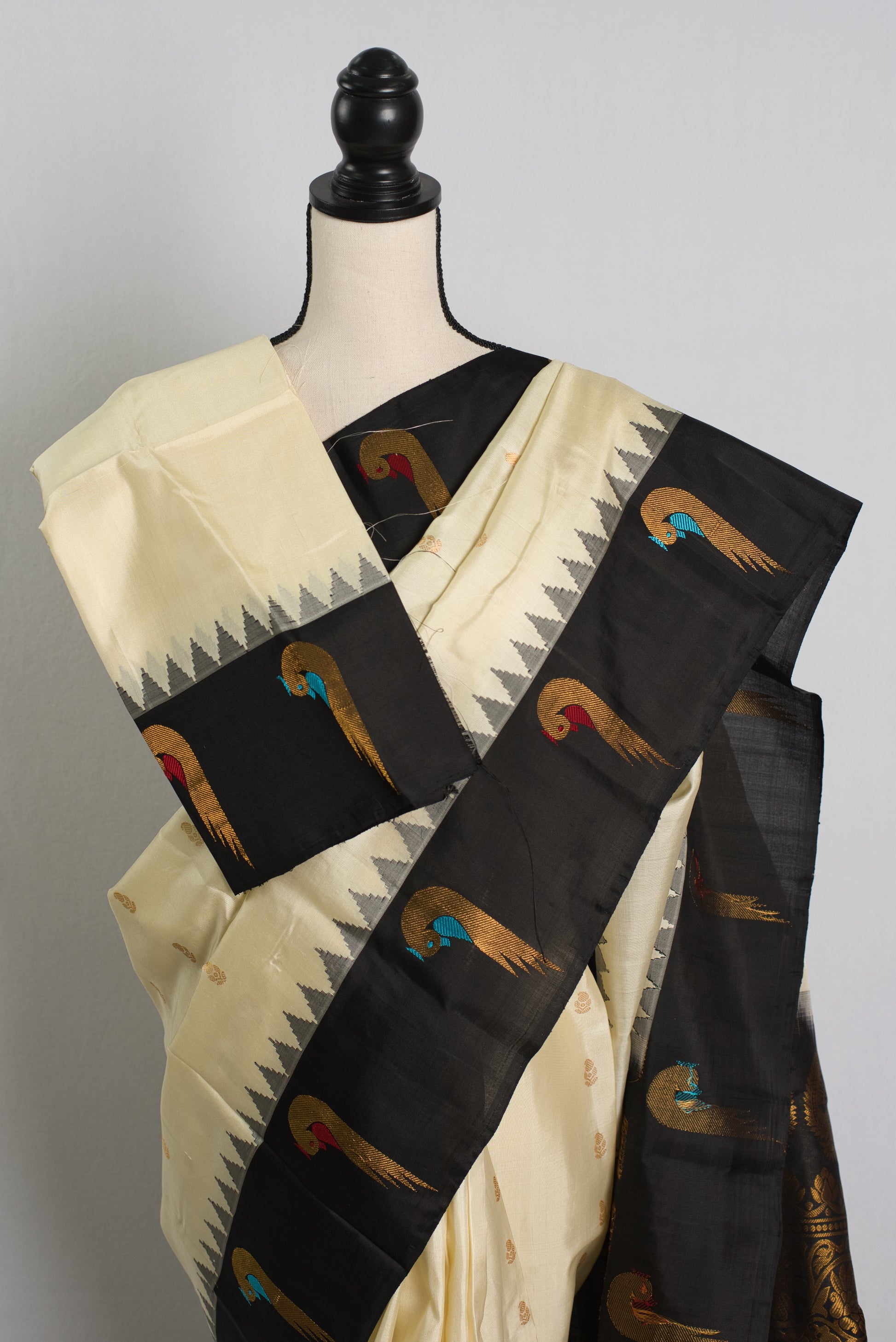 Silk Mark Certified Cream and Black Paithani Gadwal Silk Saree