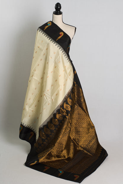 Silk Mark Certified Cream and Black Paithani Gadwal Silk Saree