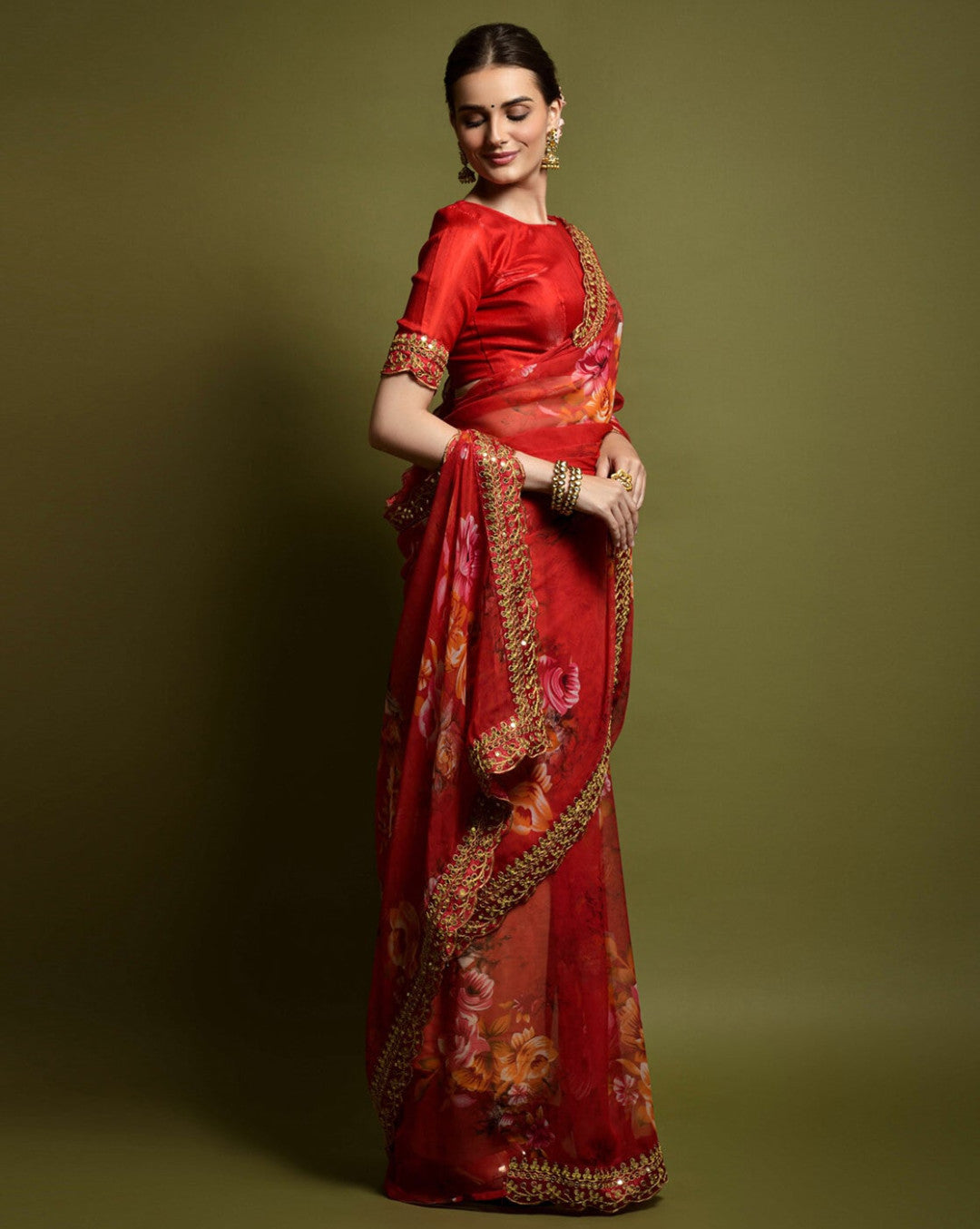 Designer Floral Georgette Partywear Saree in Red.