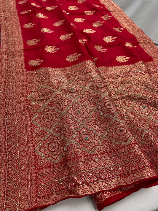 Tamanna : Hand Embroidery Soft Dola Silk Banarasi Saree in Red and Gold
