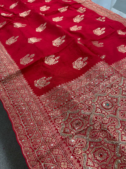 Tamanna : Hand Embroidery Soft Dola Silk Banarasi Saree in Red and Gold