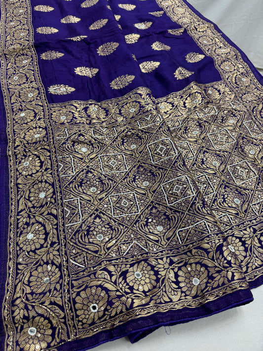 Hand Embroidery Soft Dola Silk Banarasi Saree in Bluish Purple
