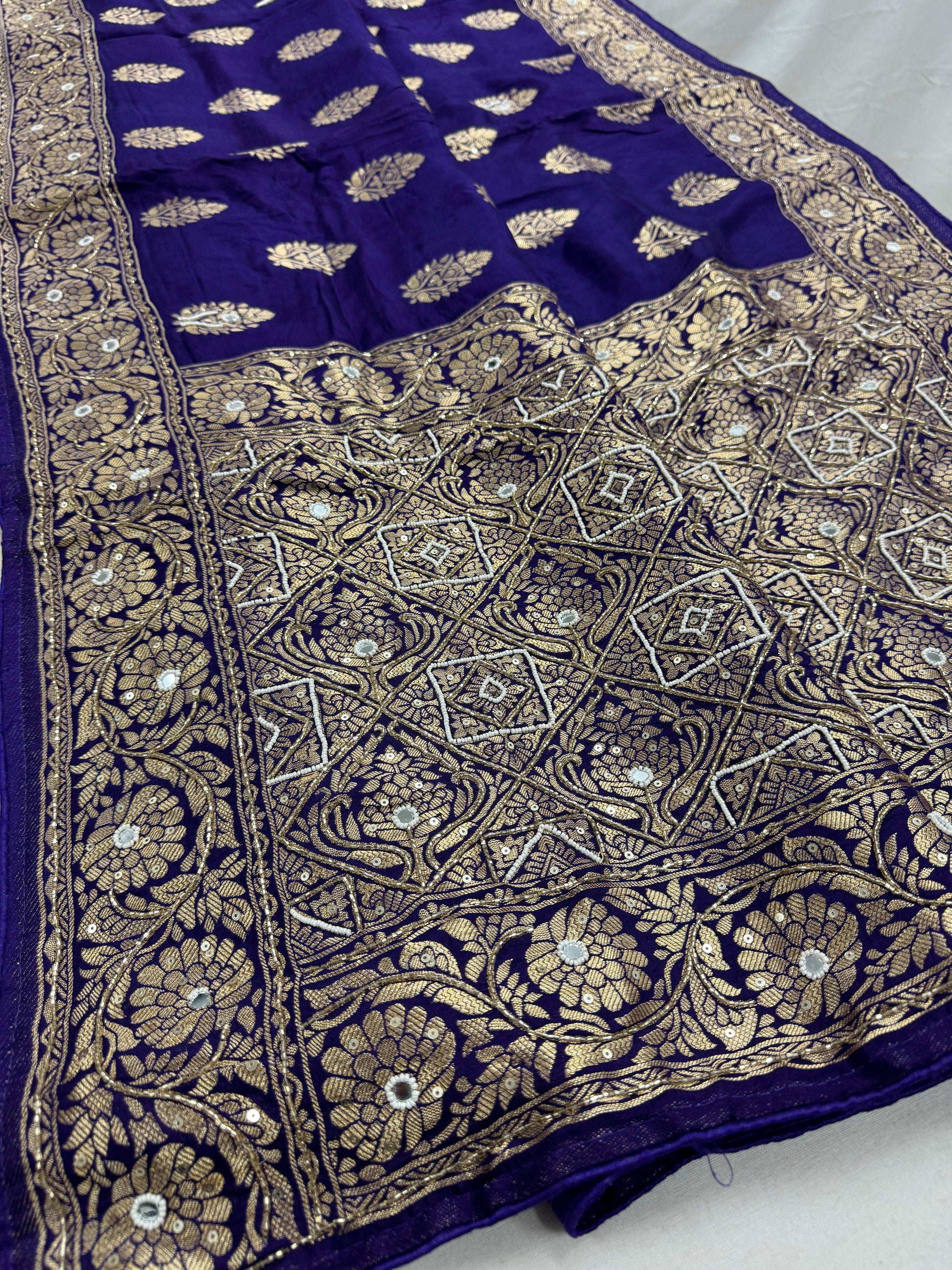 Hand Embroidery Soft Dola Silk Banarasi Saree in Bluish Purple
