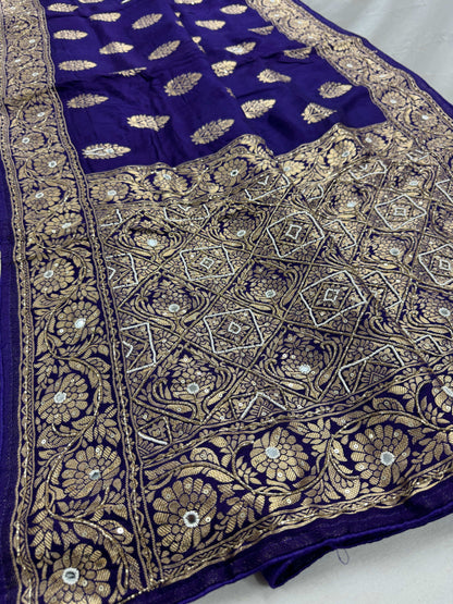 Hand Embroidery Soft Dola Silk Banarasi Saree in Bluish Purple