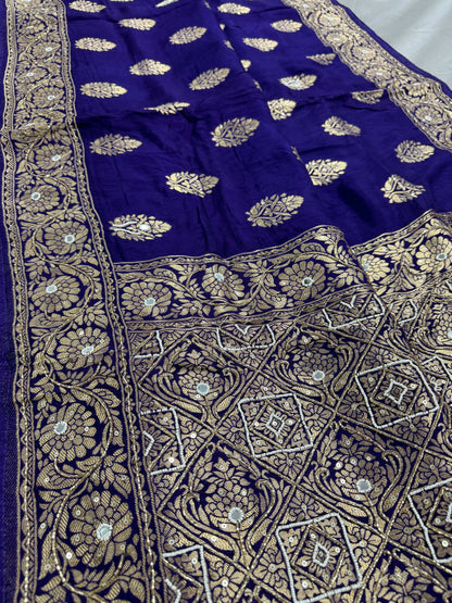 Hand Embroidery Soft Dola Silk Banarasi Saree in Bluish Purple