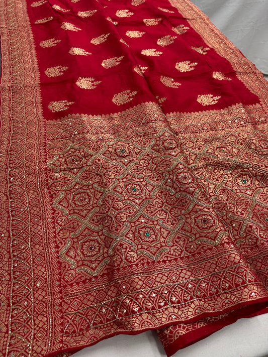 Tamanna : Hand Embroidery Soft Dola Silk Banarasi Saree in Red and Gold