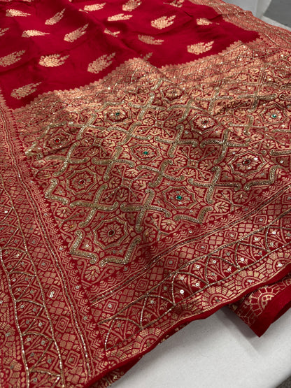 Tamanna : Hand Embroidery Soft Dola Silk Banarasi Saree in Red and Gold