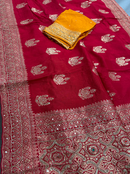 Tamanna : Hand Embroidery Soft Dola Silk Banarasi Saree in Red and Gold