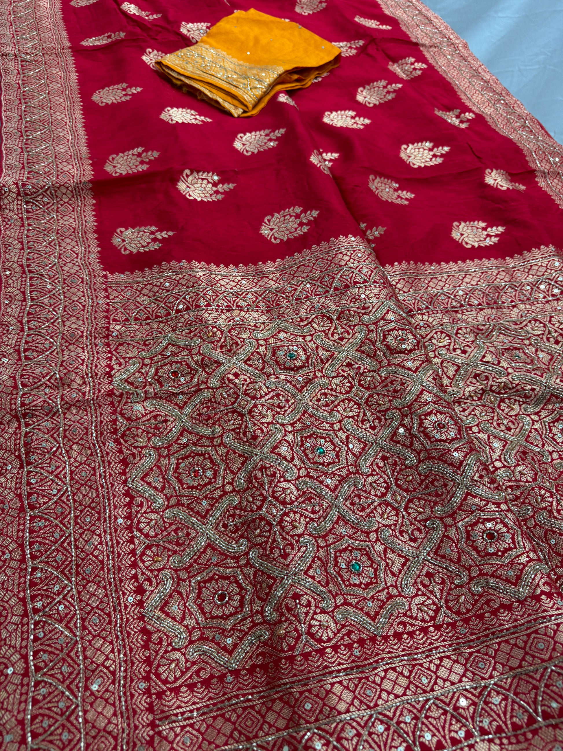 Tamanna : Hand Embroidery Soft Dola Silk Banarasi Saree in Red and Gold