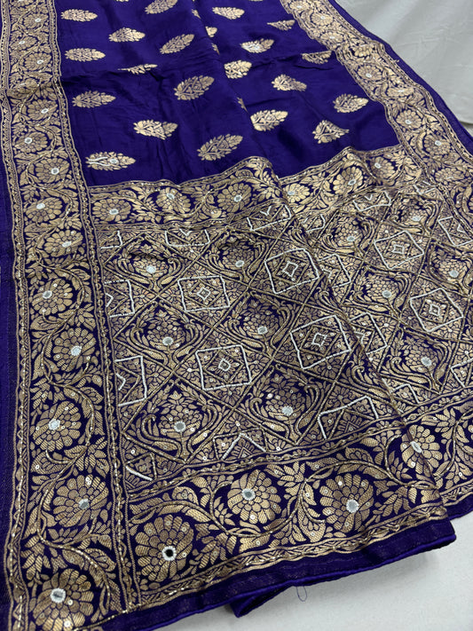 Mayuri : Hand Embroidery Soft Dola Silk Banarasi Saree in Bluish Purple