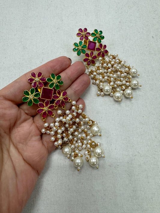 Gold Polished Jaipur Indian Earrings with Red and Green Stones.