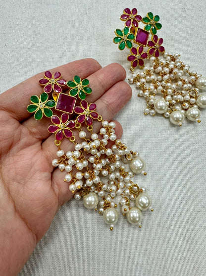 Gold Polished Jaipur Indian Earrings with Red and Green Stones.