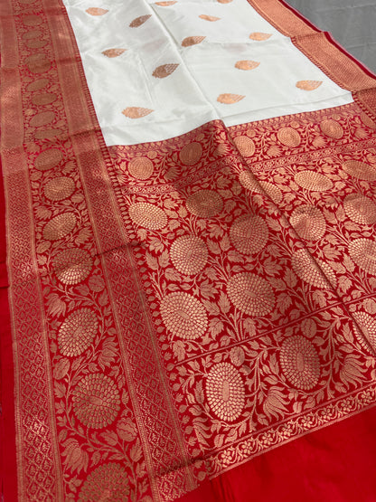 Silk Mark Certified White and Red Katan Banarasi Silk Saree