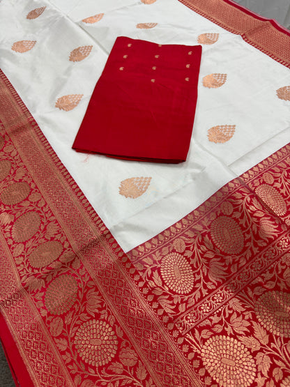 Silk Mark Certified White and Red Katan Banarasi Silk Saree