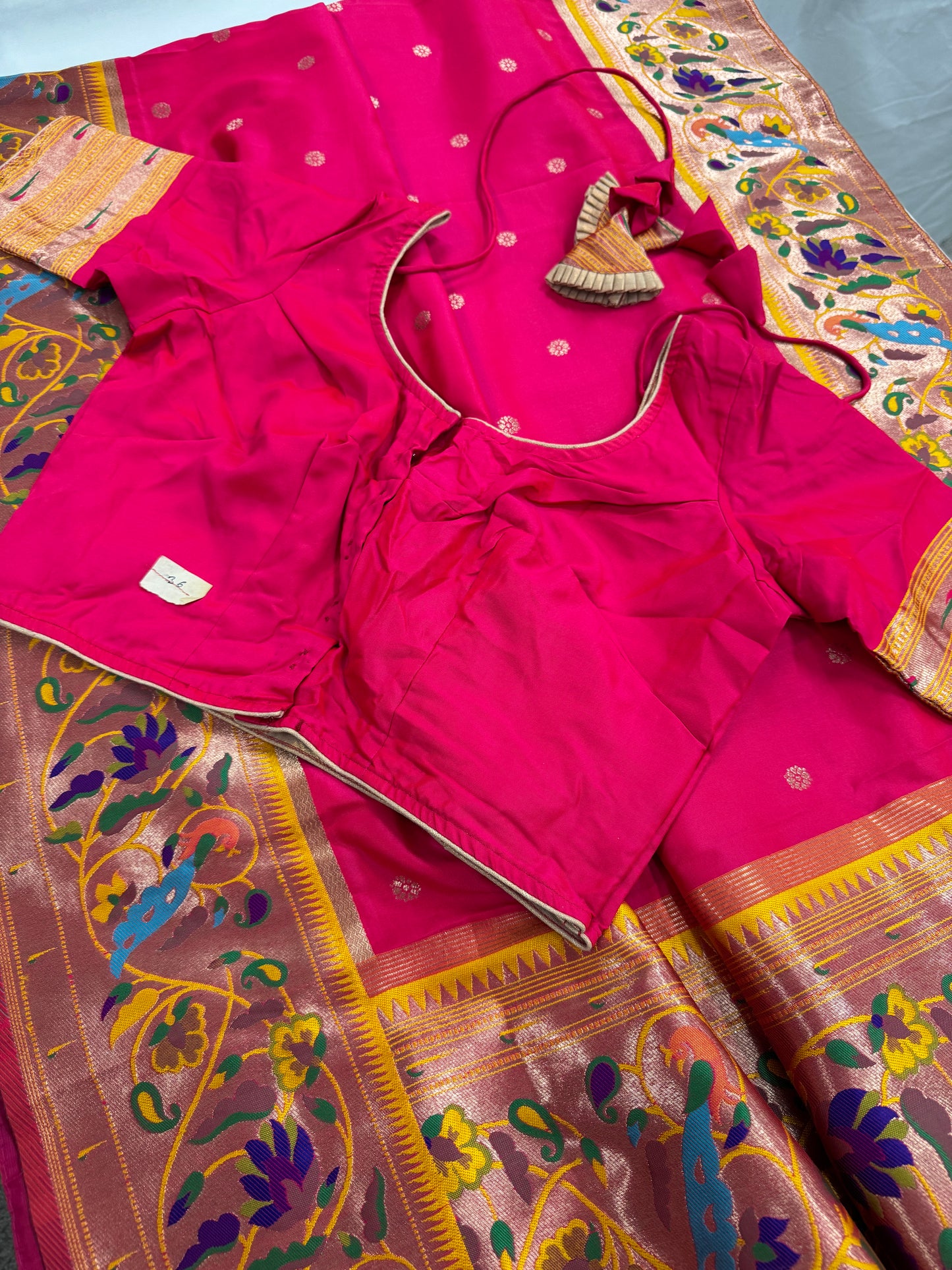 Blended Silk Rani Pink Paithani Saree with 36 Size Stitched Blouse.