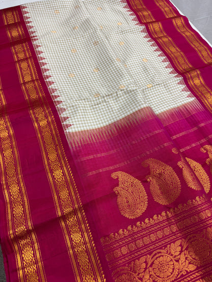 Silk Mark Certified Micro Checks Kanji Gadwal Silk Saree in Off White.