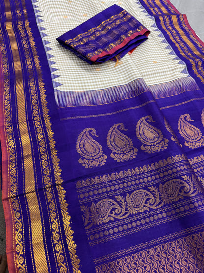 Silk Mark Certified Gadwal Silk Saree in Off White and Purple.